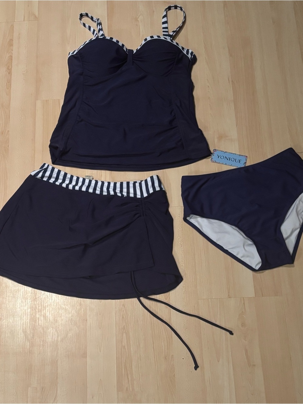 Yonique Navy Blue Stripe 3 Piece Tankini Set Swimsuit Swim Skirt Size S NWT⁠
